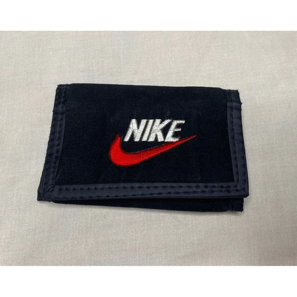 Y2K Nike Black Velvet Trifold Wallet Red Check Minimalist Athletic Streetwear
